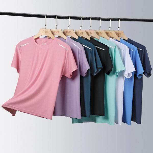 Woman wearing reflective running T-shirt made of breathable elastic silk – ideal for fitness, yoga, and outdoor workouts