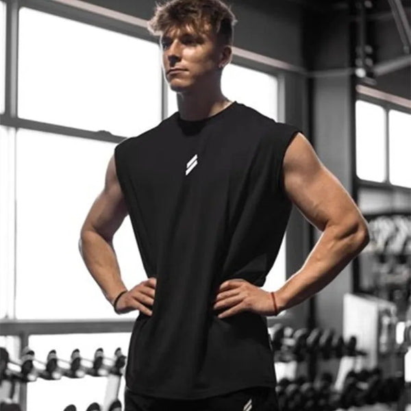 Men's black sleeveless gym T-shirt – quick-dry athletic top for fitness and workouts