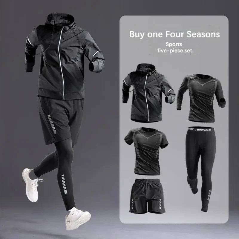 Men’s all-season 5-piece gym outfit – sportswear set with jacket, long and short sleeve shirts, joggers, and shorts for fitness and training