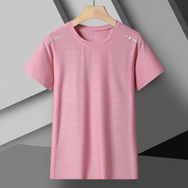 Woman wearing reflective running T-shirt made of breathable elastic silk – ideal for fitness, yoga, and outdoor workouts