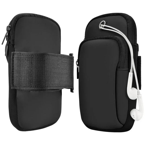Black waterproof fitness armband with phone holder – ideal for running and gym workouts