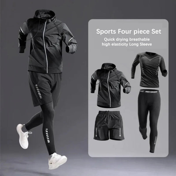 Men’s all-season 5-piece gym outfit – sportswear set with jacket, long and short sleeve shirts, joggers, and shorts for fitness and training